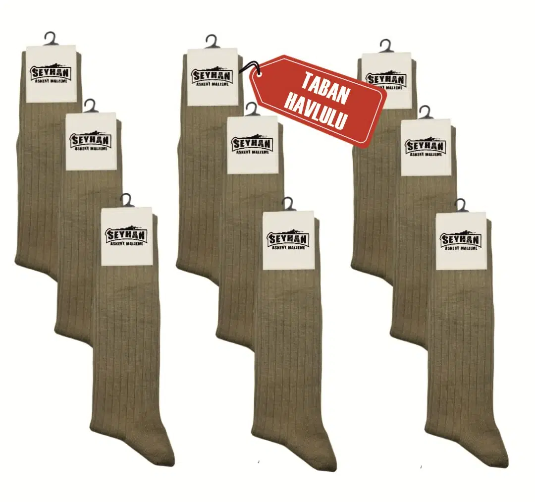Askeri Çorap Haki Renk Dikişsiz Çorap - Taban Havlulu - Orjinal İstihkak Çorap (9 Çift)