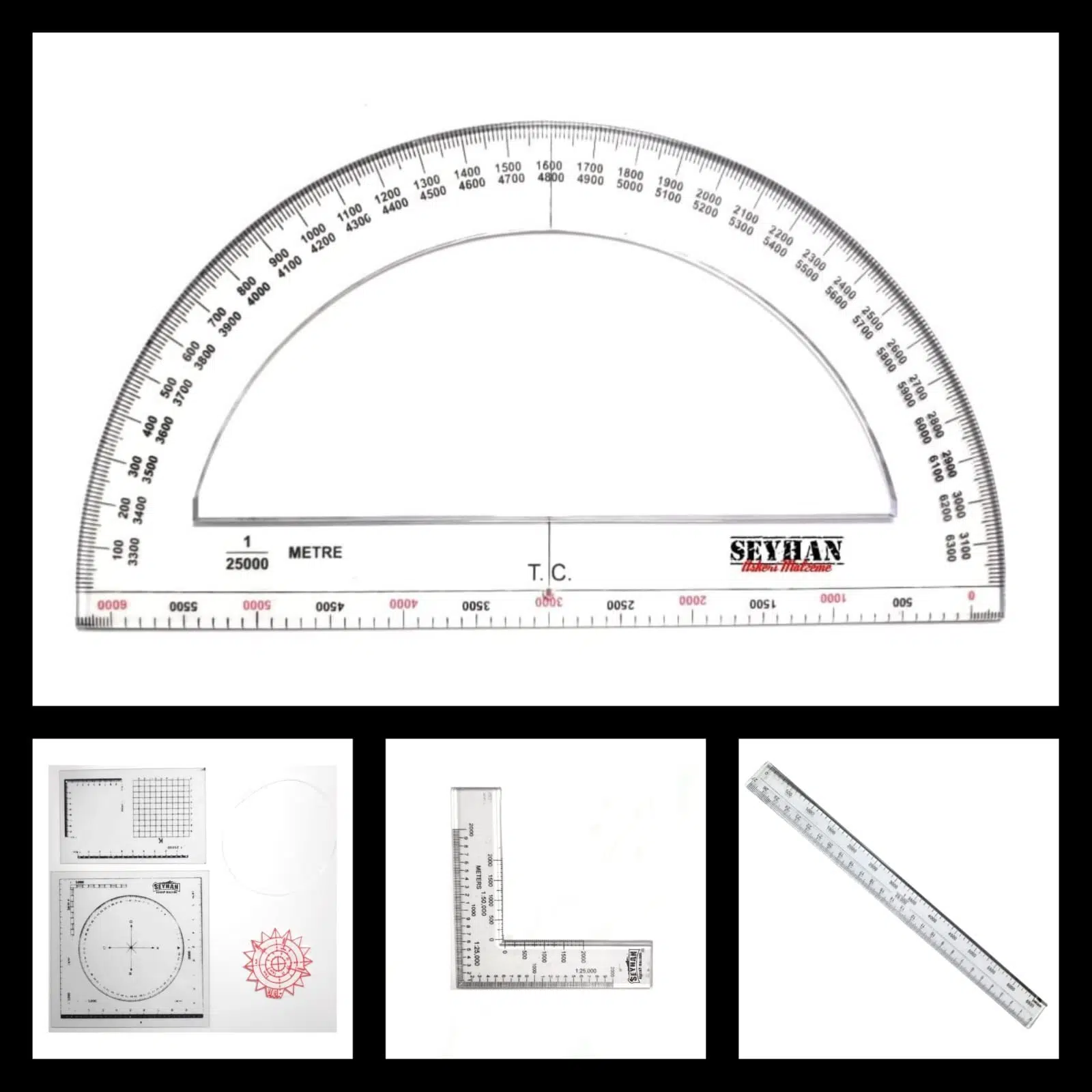 Harita Ölçüm Cetvel Seti -Tam Set - D cetveli, L Cetveli, Tersim Malzemesi, Ölçekli Düz Cetvel, Askeri MİNKALE SETİ